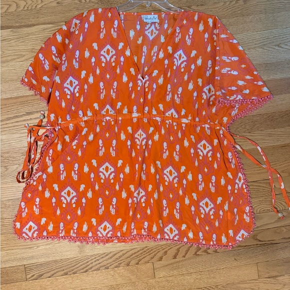 Mud Pie Other - Mud pie beach coverup Orange / pink with pom-pom trim adjustable drawstring L/XL